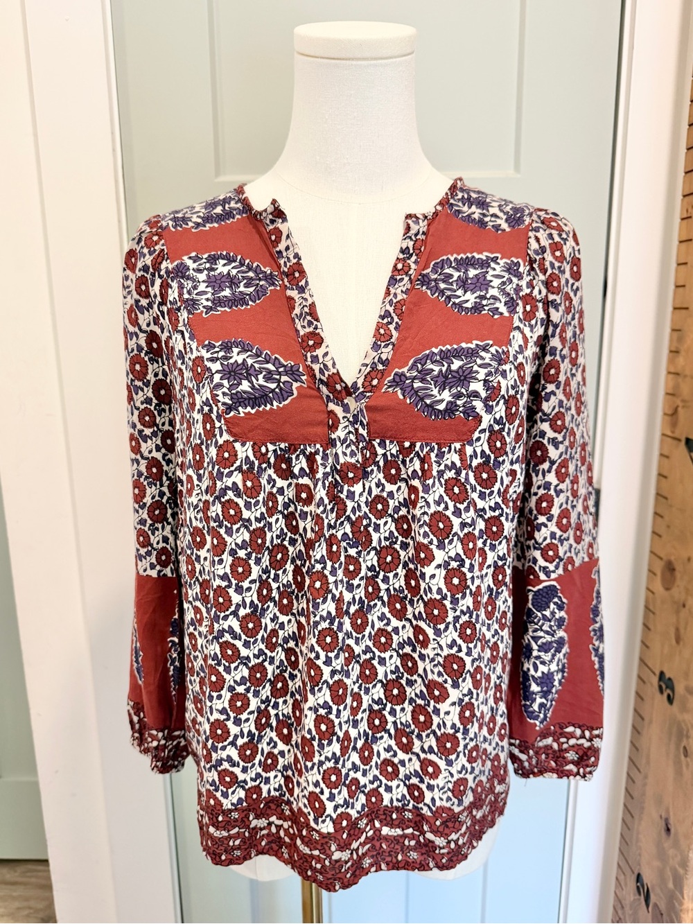 Lucky Brand Block Print Top Blouse XS Boho Cowgirl